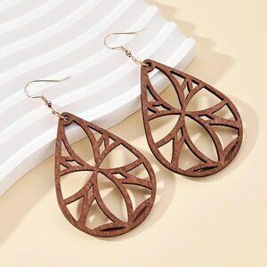 Earrings Wood Large Hollow Cut Bohemian Dangle Boho Carved Hippie Trendy Brown